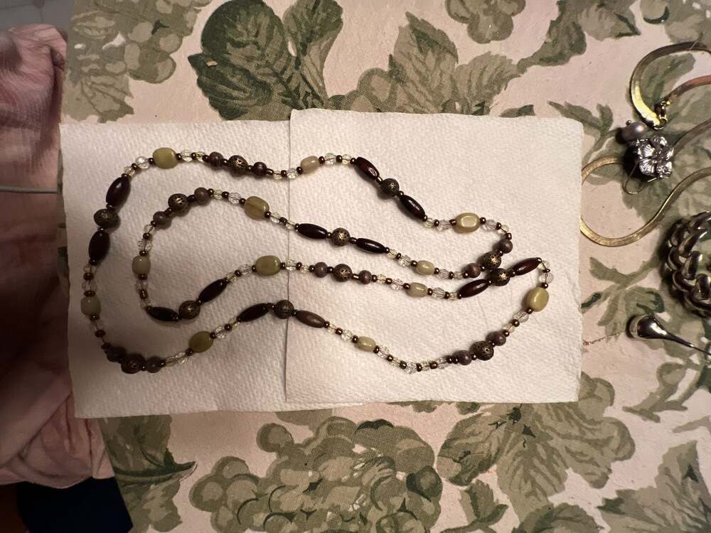 Vintage Wood and Light Green Lucite With Filigree Metal Beads Necklace Flapper L